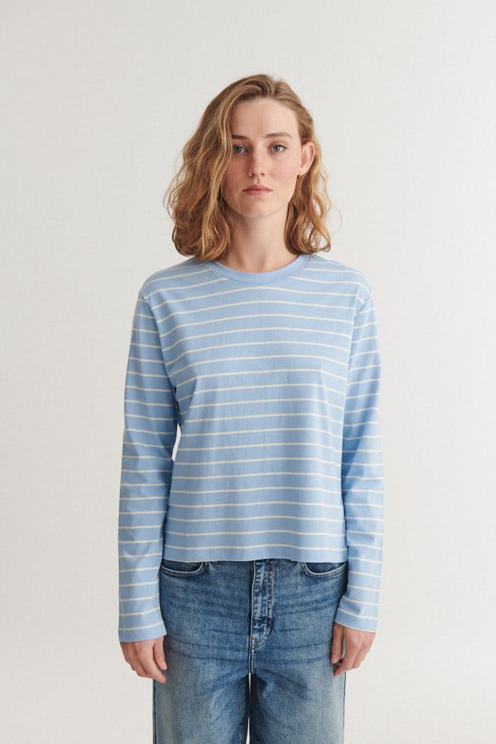 Basic Apparel Raja LS Stripe Tee T-shirts 871 Frozen fjord / whisper white