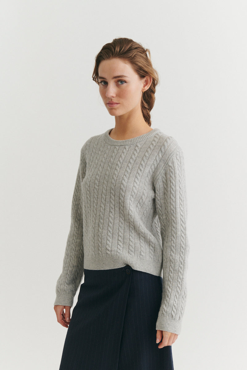 Basic Apparel Selem Cable O-Neck Sweaters 318 Light Grey Mel.